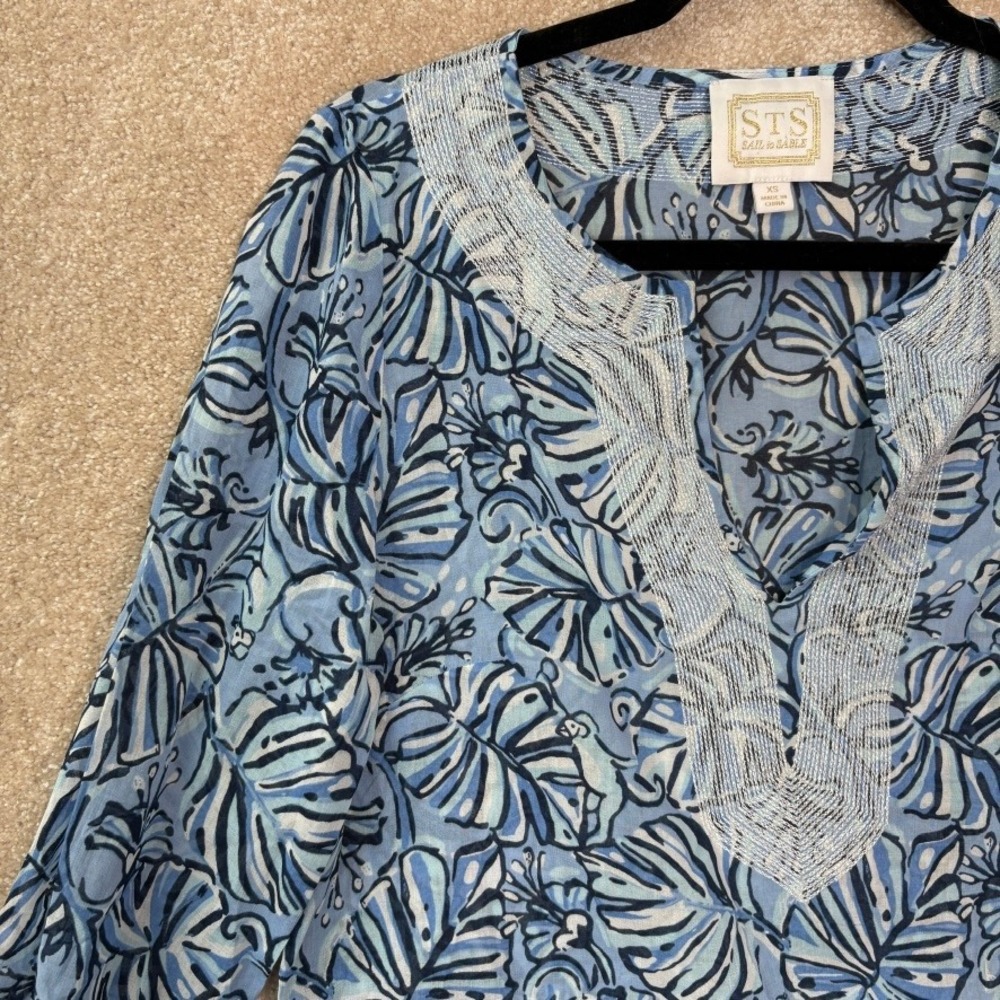 SAIL TO SABLE Tunic Top Women's XS Blue Monkey Print Cotton Coastal Resort - Picture 4 of 9